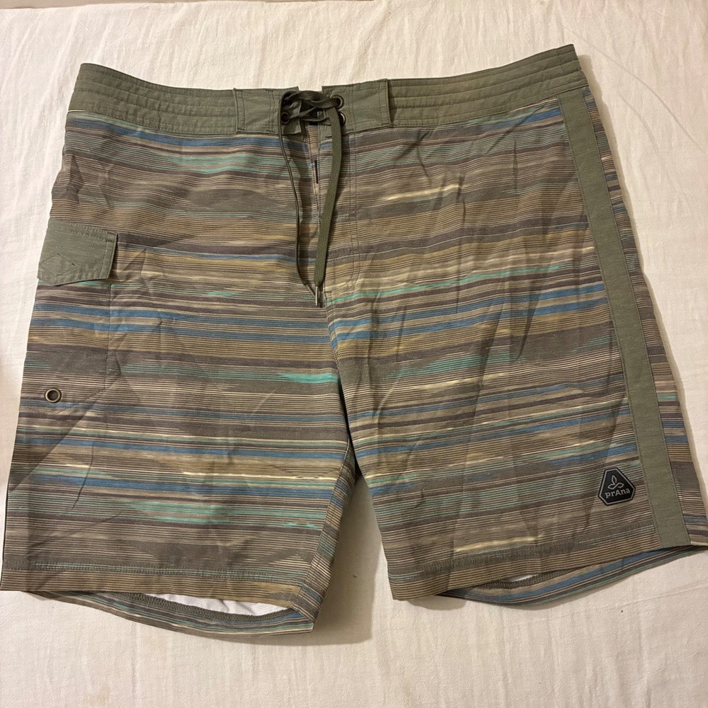 Prana Mens Board Shorts Size 38 Olive Blue Striped UPF 50+ Swim Trunks 9 Inseam